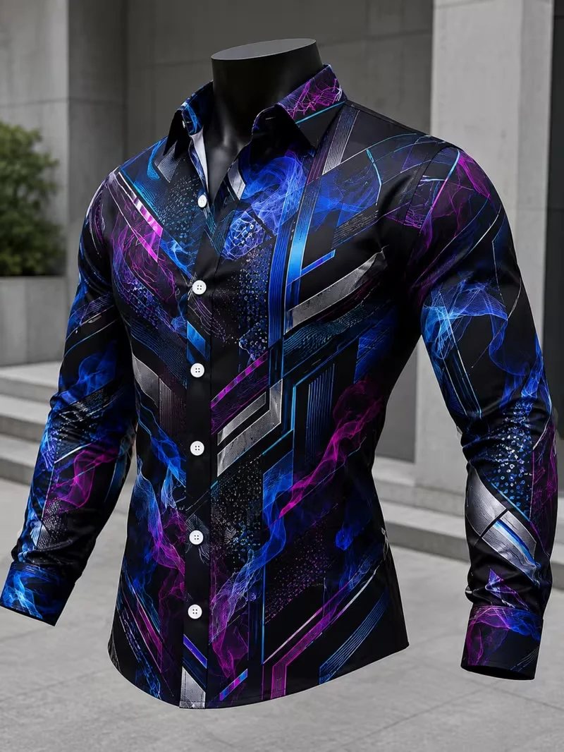 New black background blue purple neon smoke geometric shirt cyberpunk style men's slim fit long sleeved shirt