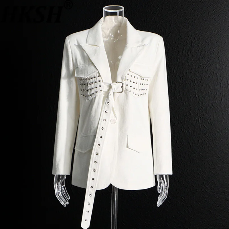 HKSH Women Blazer Stylish Elegant Design Rivets Lace-Up Patchwork Solid Color Trendy Niche Slim Fit Suit-Coat Autumn New HK28003