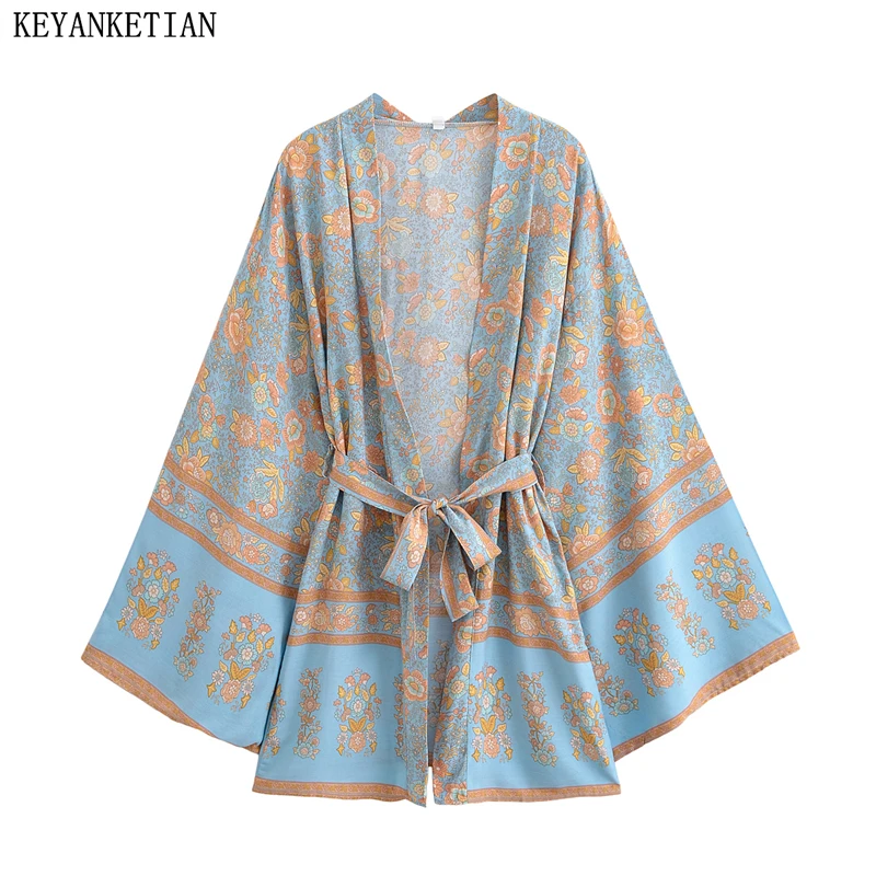 KEYANKETIAN 2026 New Women's National style Print Viscose Kimono With Belt Flare sleeve Loose Cardigans Retro Beachwear Thin Top