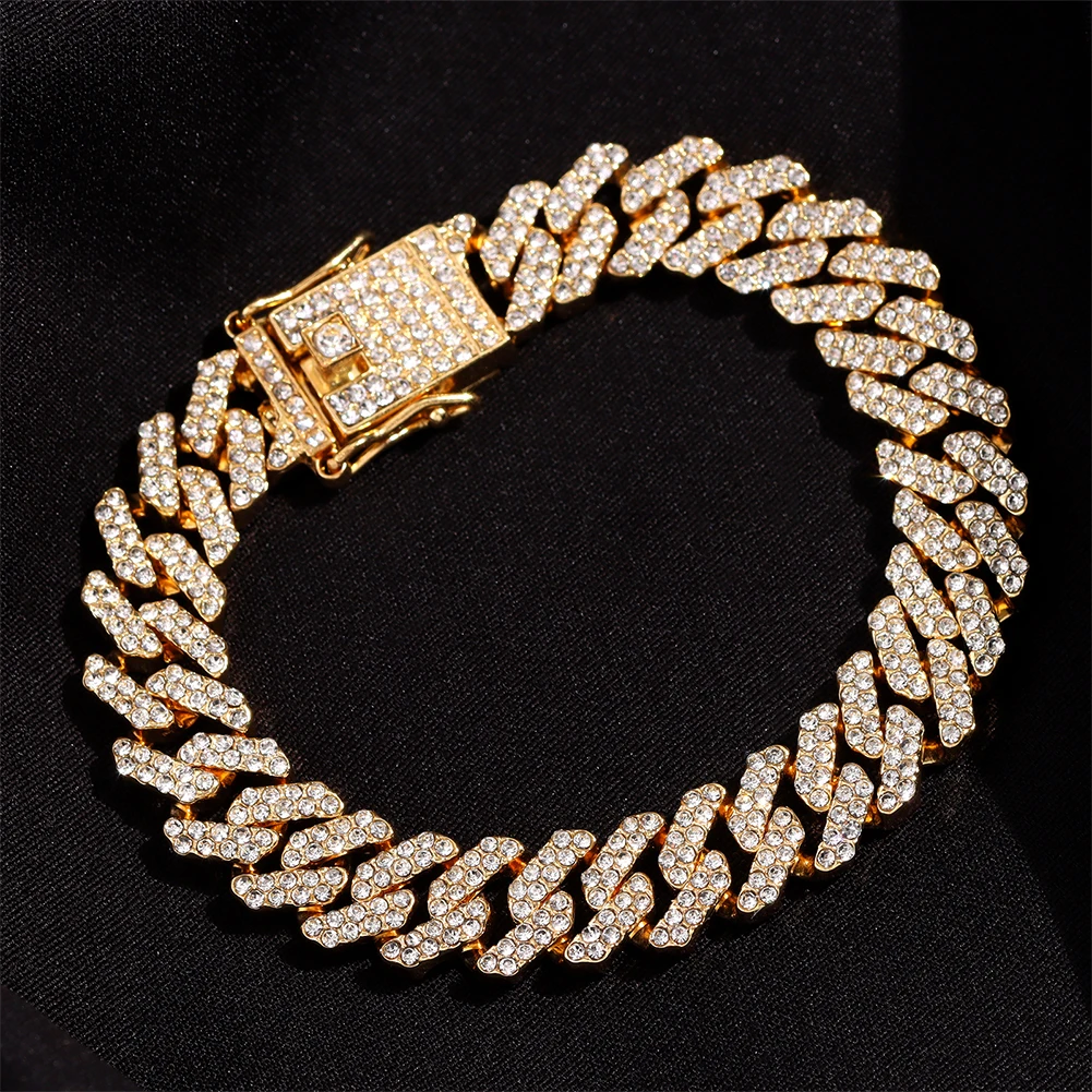 New Rose Gold Color Iced Out Paved Cuban Chain Bracelet For Women Men Blue Pink 2 Row Rhinestone Link Bracelet Hip Hop Jewelry