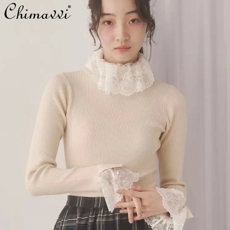 

Autumn and Winter New Fashion Core-spun Yarn High-neck Lace Base Shirt Sweet Girl Long-sleeve Slim Fit Elegant Pullover Sweater