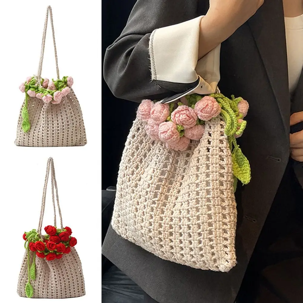 

New Floral Hollowed Out Rose Crochet Handbag Polyester Casual Armpit Bag Large Capacity Bucket Bag