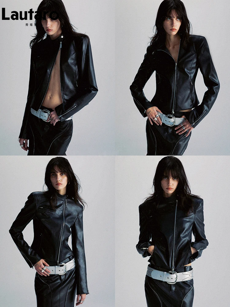 Lautaro Autumn Short Fitted Black PU Leather Jacket Women with Diagonal Zipper Shoulder Pads Chic Luxury Designer Clothes 2026