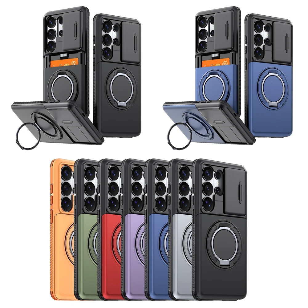 360° Rotating Magnetic Bracket Case For Samsung Galaxy S26 S25 S24 S23 S22 FE Plus Ultra Sliding Lens Cover & Hidden Card Slot
