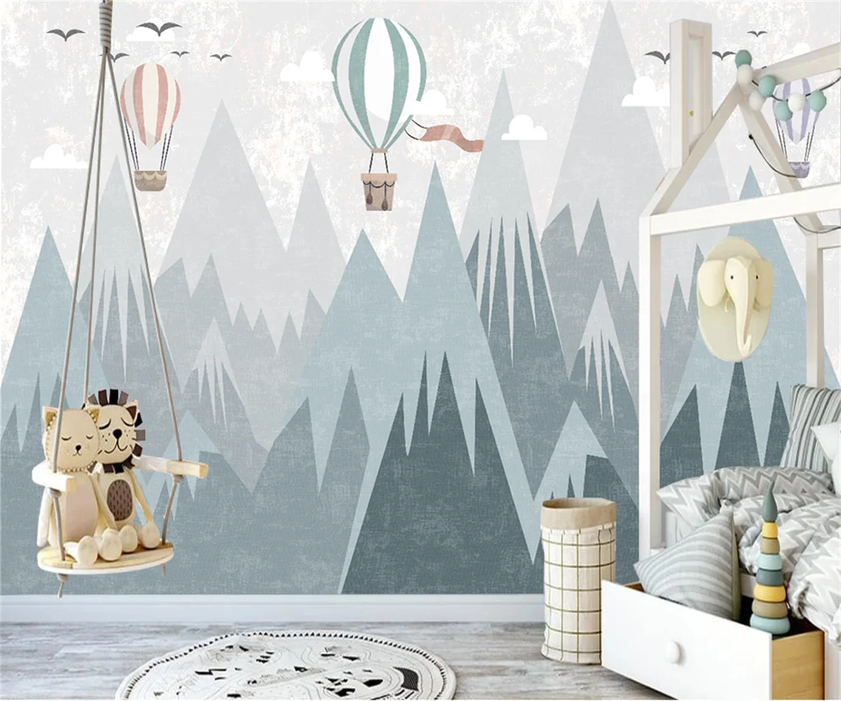 

Custom wallpaper Modern geometric mountain hot air balloon cartoon photos Children's room background wall decoration wallpaper