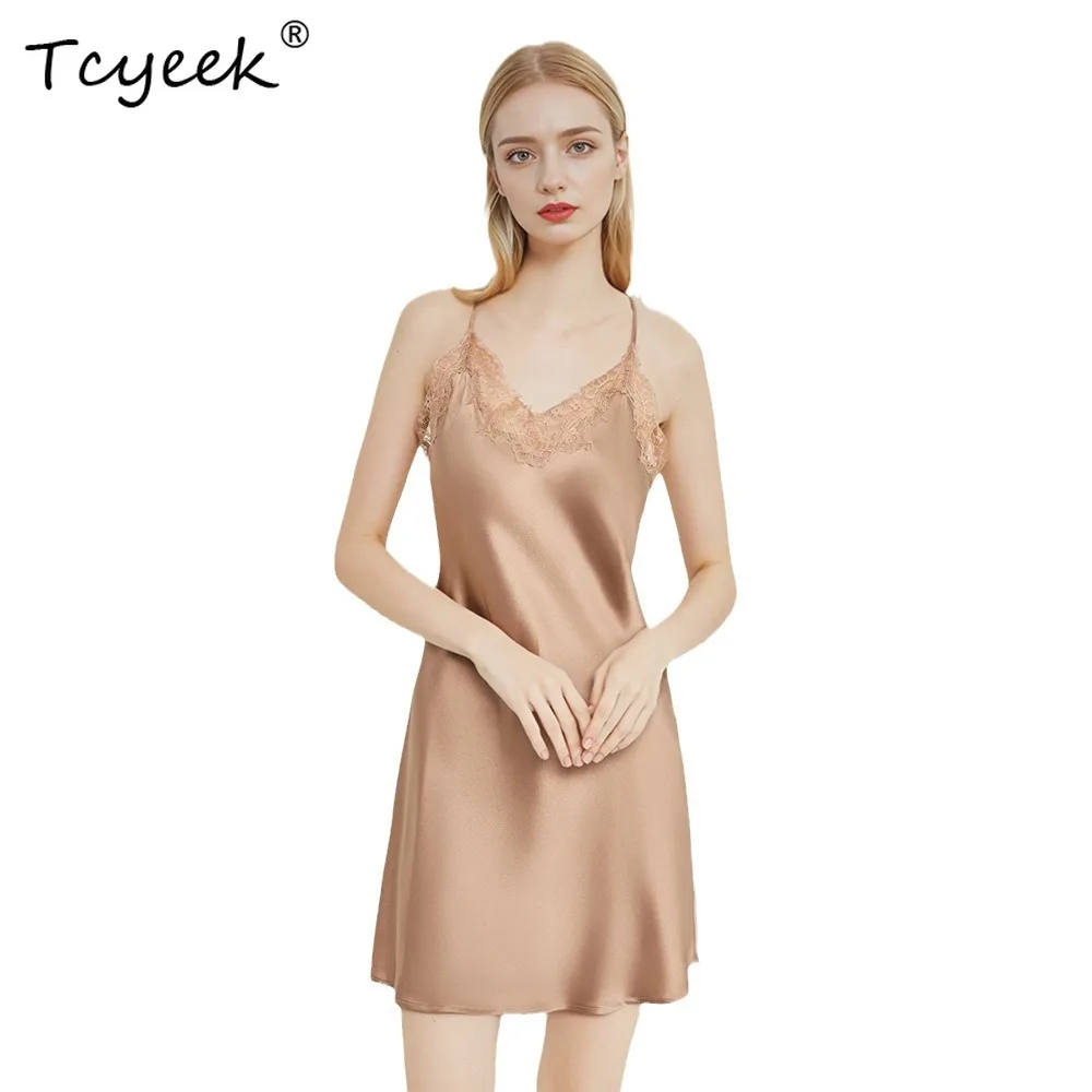 Tcyeek, 19 มม.100% ผ้าไหม Sleeping Robe ชุดสลิง,เซ็กซี่ผู้หญิงเย็บปักถักร้อย,Chic Night-Robe ชุด, 2024 ฤดูร้อนฤดูใบไม้ร่วง S48071QC