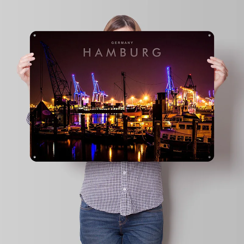 Hamburg City Night 3D Texture Printed Poster Custom Vintage Metal Tin Plate Sign for Wall Art Living Room Decoration Man Bedroom