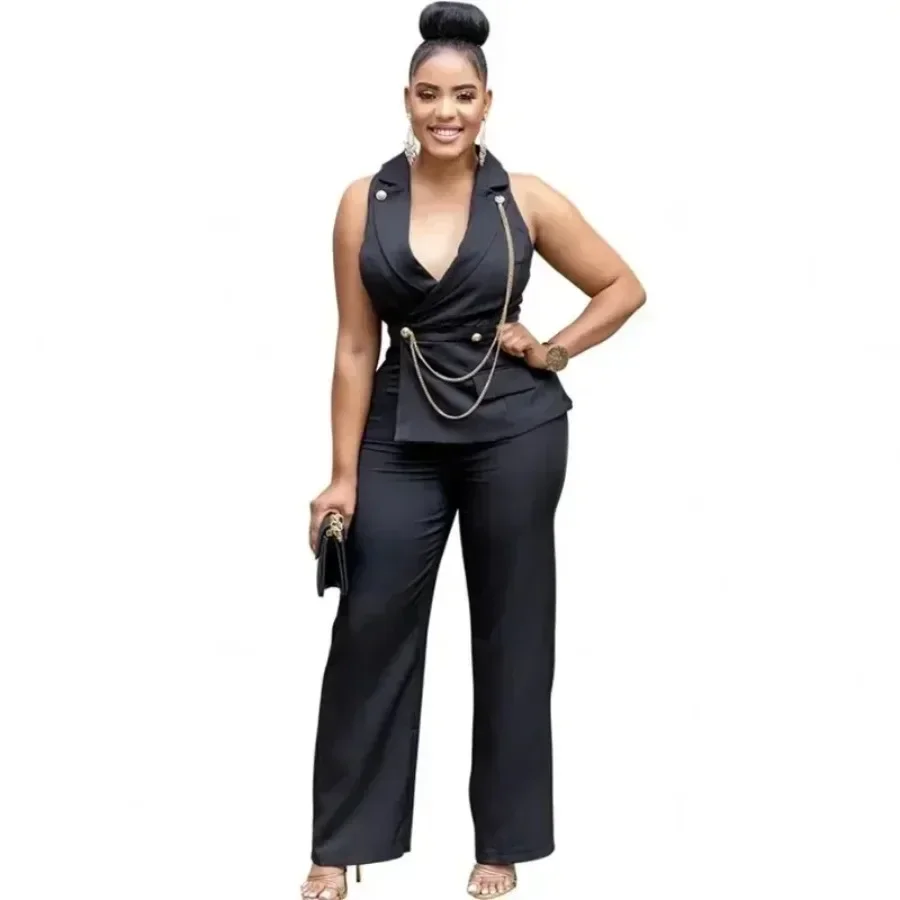 2025 Spring Summer Dashiki African Elegant Fashion Women Black Jumpsuits Sleeveless Wide Leg Pants Rompers Party Office Outfits