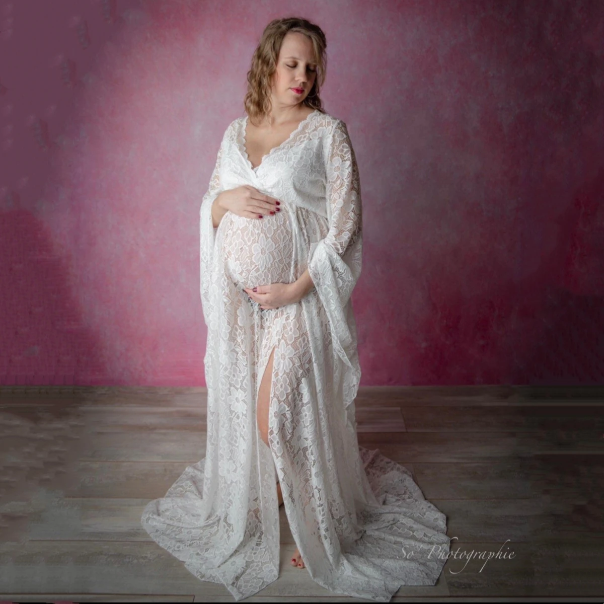 Accesorios de fotografía de maternidad de encaje bohemio, vestidos con mangas acampanadas, traje bohemio para sesión de fotos de mujer embarazada