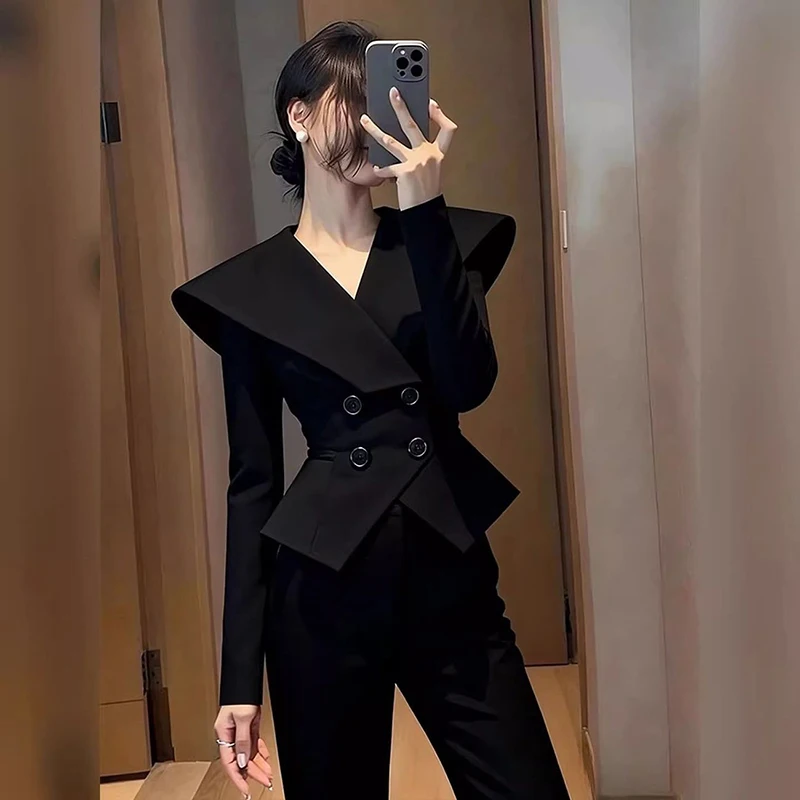 

Элегантная укороченная черная куртка, женский модный пиджак с длинными рукавами, корейские двубортные пальто, осенняя офисная женская тонкая верхняя одежда