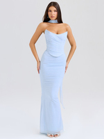 Mozision Sexy Two Piece Sets Women Neckerchief Strapless Crop Tops And Maxi Skirt Sets Sexy Club Party Skirt Two Piece Sets
