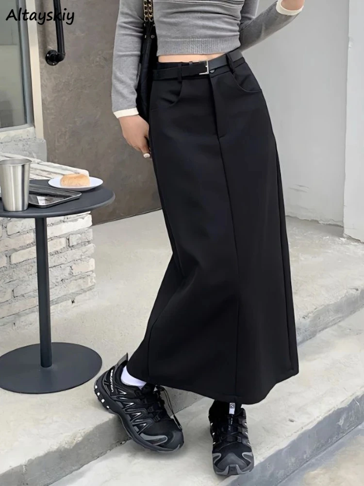 Long Black Skirts Women High Waist American Streetwear Teens Elegant Minimalist Faldas Largas Back-Slit Hipster Clothing Autumn