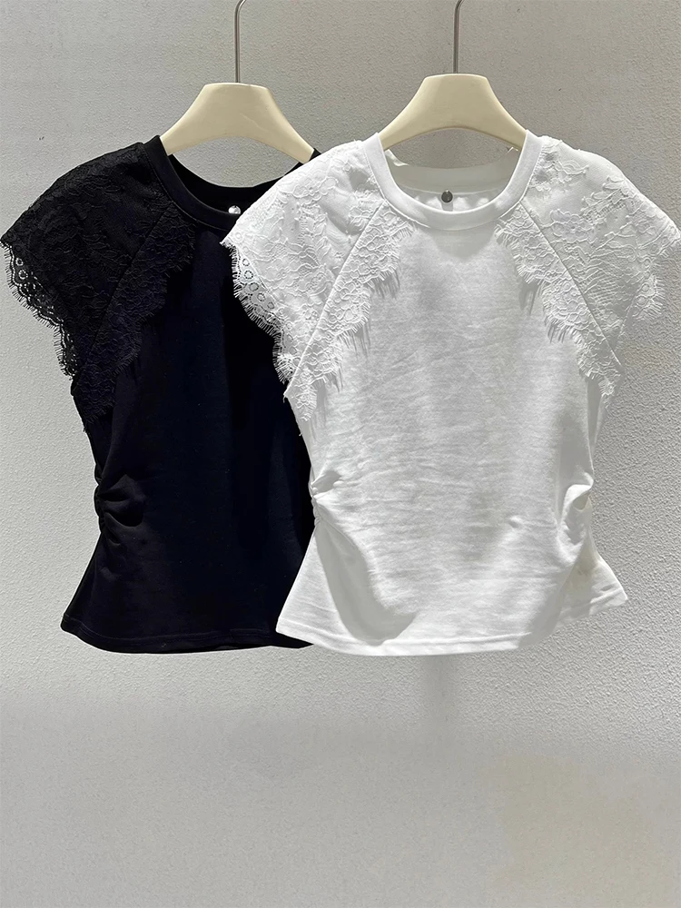 화이트 레이스 트림 스플라이스 라운드 넥 티셔츠 여성 여름 신상 유니크 디자인 감각 슬림 탑 한국 스타일...