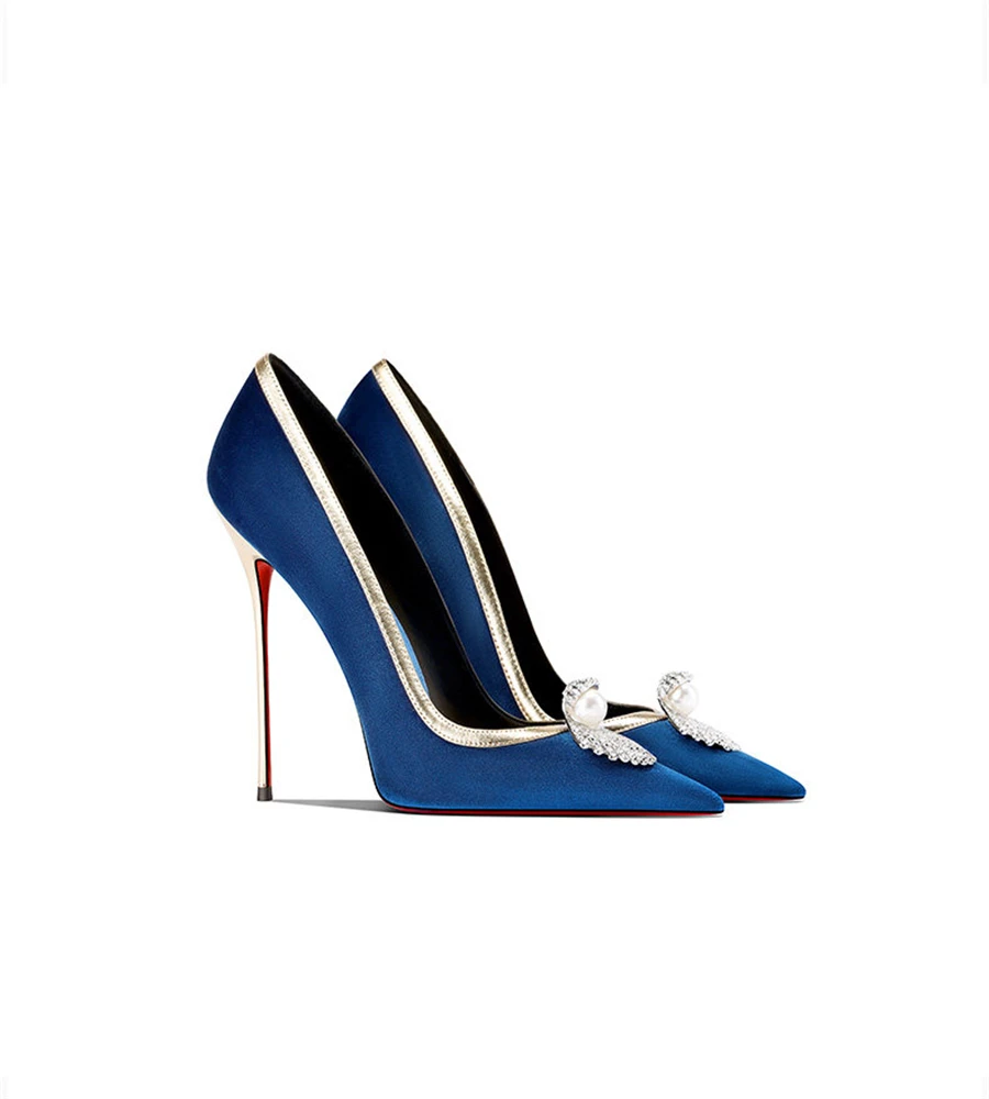 Autumn pointed pearl rhinestone buckle suede single shoe banquet dress large size small size slim heel high-heeled women's shoes