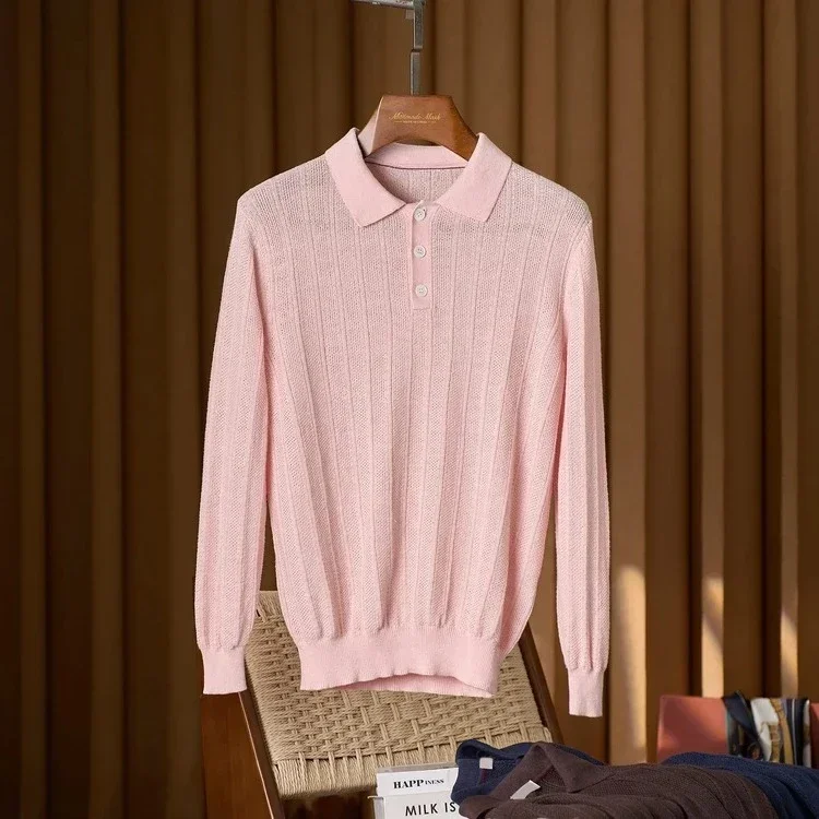 BC Italian lapel solid color cotton and linen breathable casual long-sleeved knitted POLO shirt