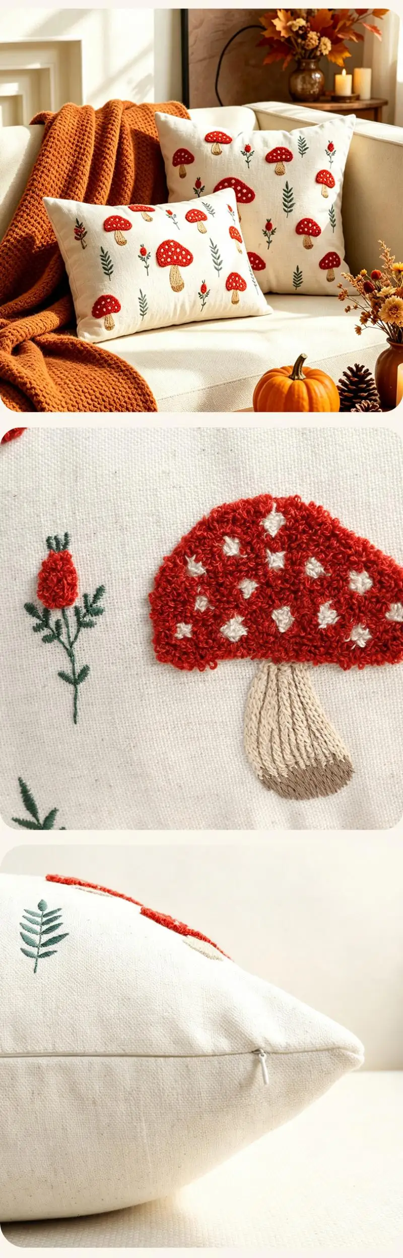 Herbstlicher Ahornblatt- und Pilz-Bestickter Kissenbezug aus Baumwolle und Leinen, Dekokissenbezug im ländlichen Stil – Detail 6