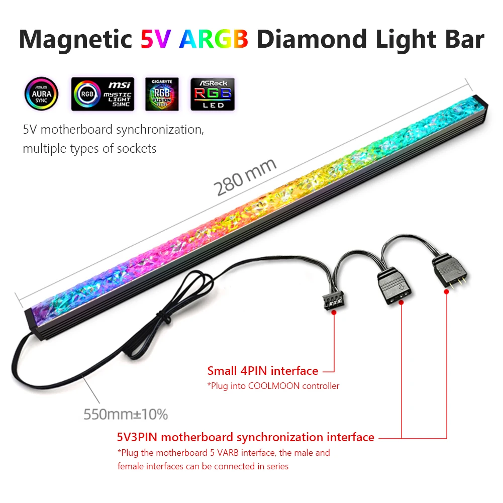 COOLMOON 30cm Addressable RGB LED Light Bar Aluminum Alloy RGB PC Case LED Strip 5V/3PIN ARGB Motherboard For ASUS Aura SYNC