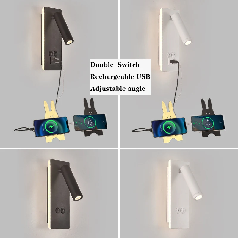 

New Led Wall Lamp Sconce with Switch Black Brass Creative USB Port Reading Wall Lamp with 3W Spotlight for Bedroom Bedside