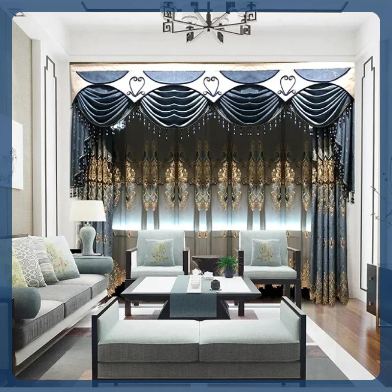 

Light Luxury European Curtains for Living Dining Room Bedroom Hollow Embroidered Blue Chenille Embroidered Water Soluble Cloth