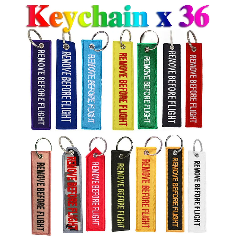 

36Pcs Remove Before Flight Tags Keychain Keyring Rectangle Polyester Embroidery Message Multicolor