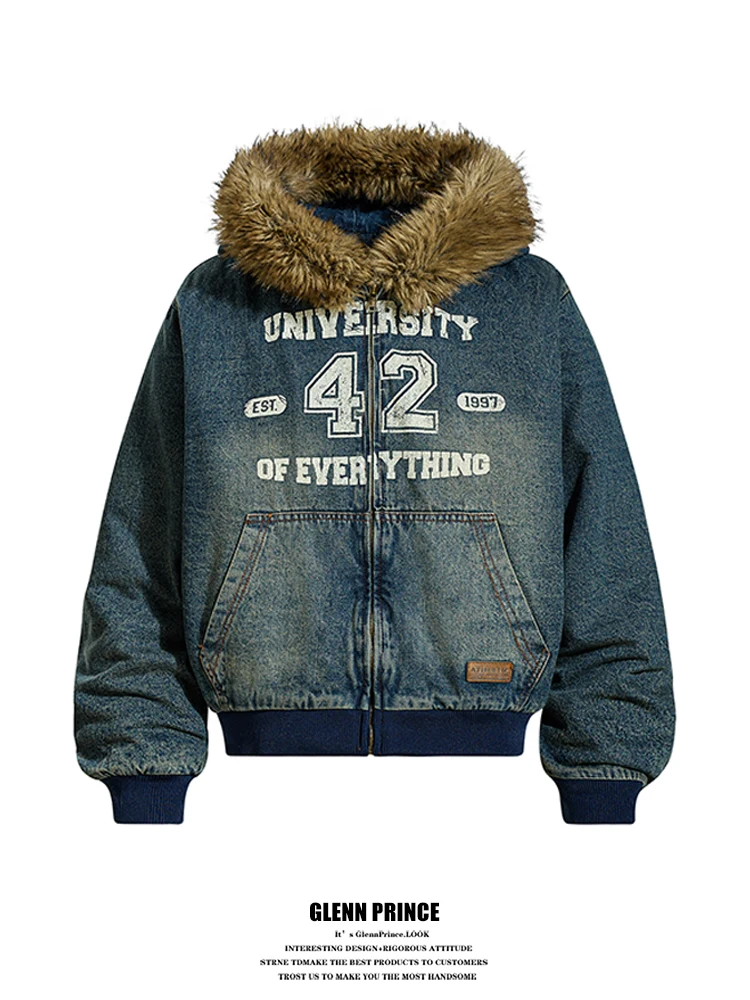

GPstudio American Print Fur Collar Men's Jeans Cotton Jaet Retro Couple Sle ort Hooded Coat Warm Long Sve Zipper