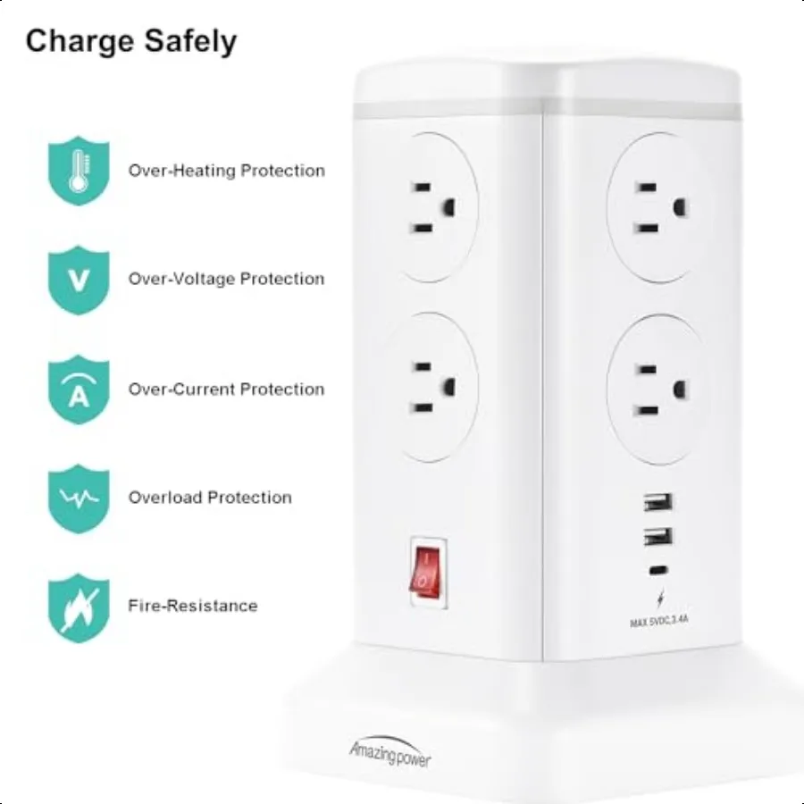Protector contra sobretensiones de 6,5 pies, torre de regleta, 8 salidas de CA, 6 puertos USB, estación de carga multidispositivo con protección contra sobrecarga para el hogar