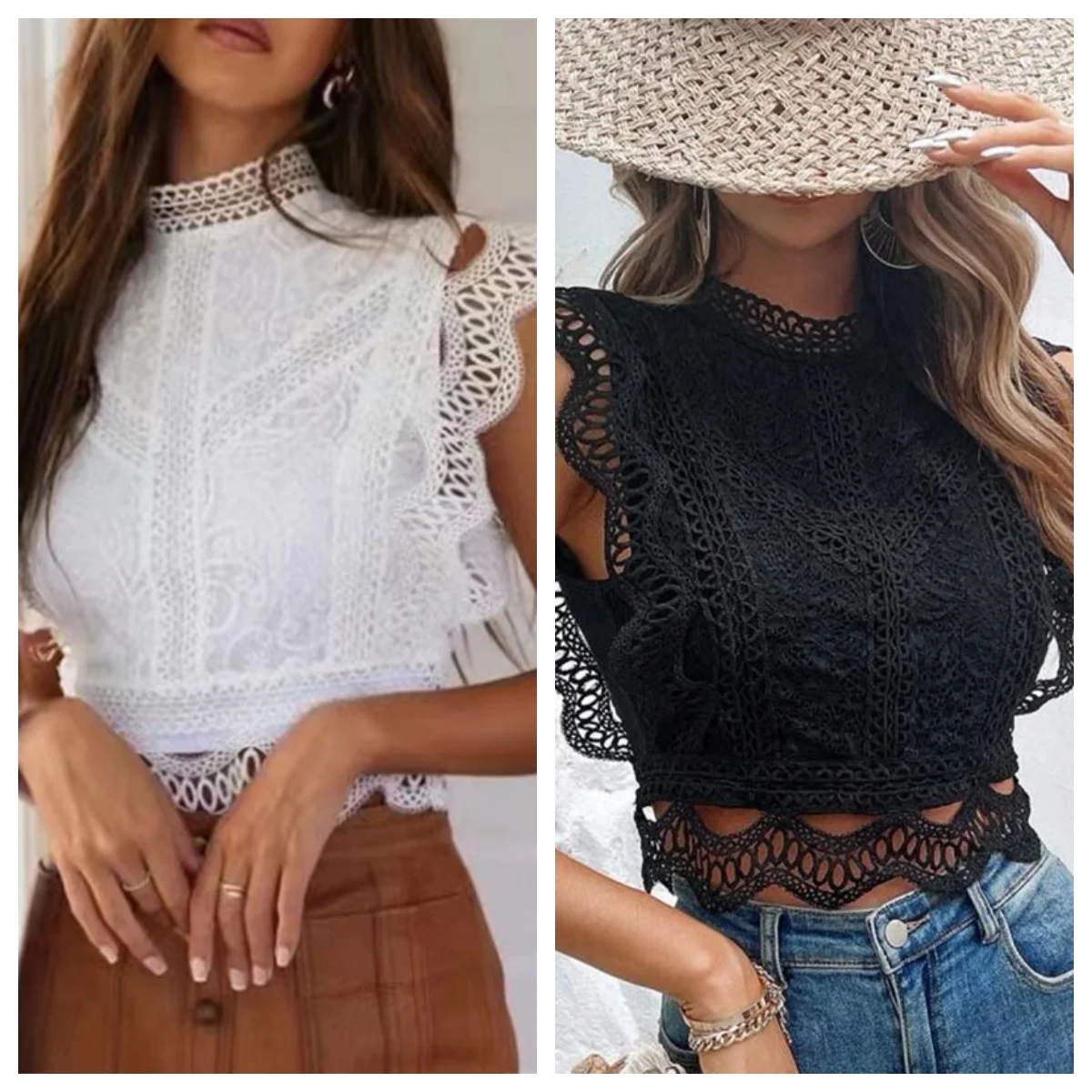 Summer Women\'s Short Sleeved Round Neck Sleeveless Solid Color Fashionable Hollow Out Versatile Lace Tops