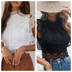 Summer Women's Short Sleeved Round Neck Sleeveless Solid Color Fashionable Hollow Out Versatile Lace Tops