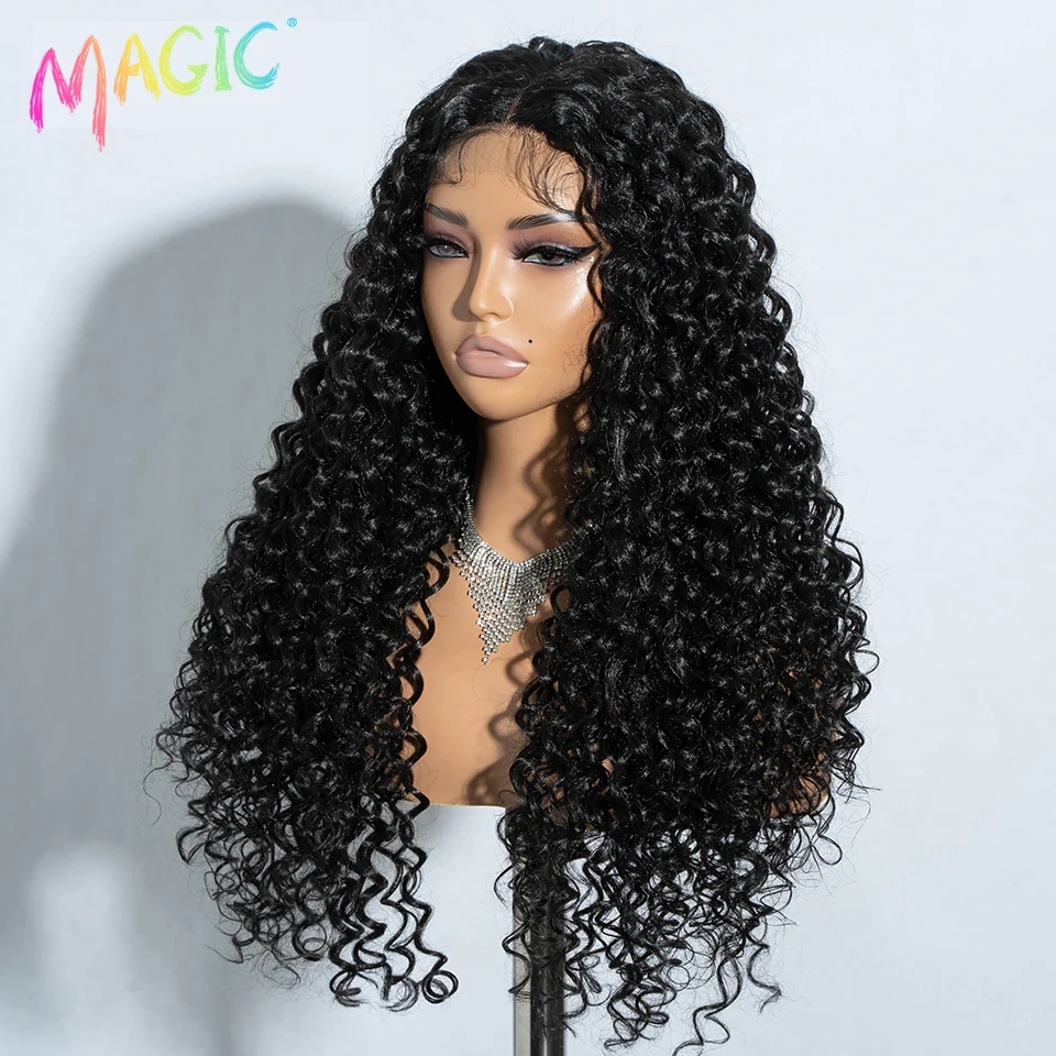 Magic-Perruque synthétique longue bouclée pour femmes noires, cheveux de bébé ombrés, perruques vidéo blondes, cosplay, devant en dentelle, 30 po