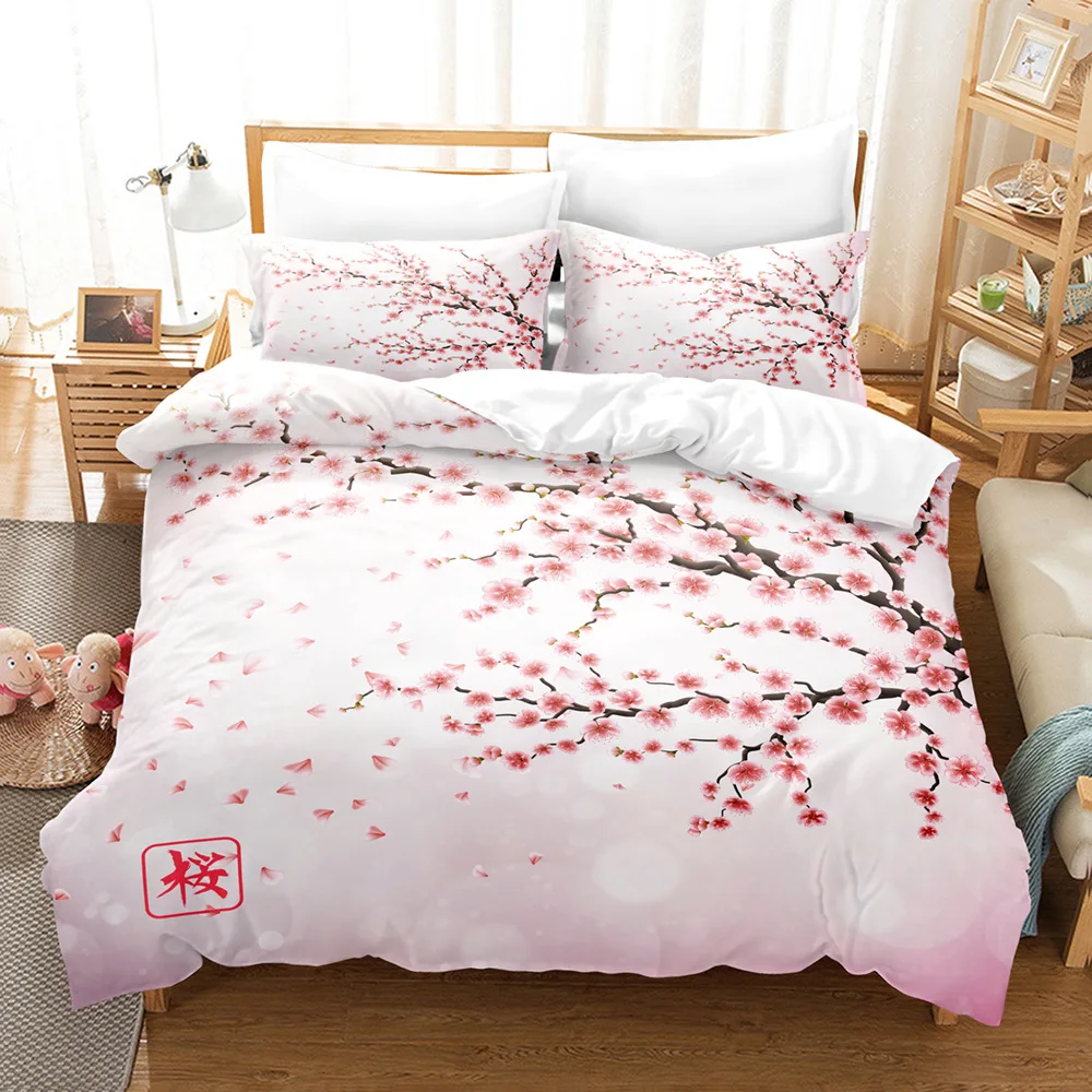 Sakura Scenery Japan Duvet Cover 3D Japanese Cherry Blossom Bedding Set for Kids Girls Soft Microfiber Quilt Cover with Zipper C