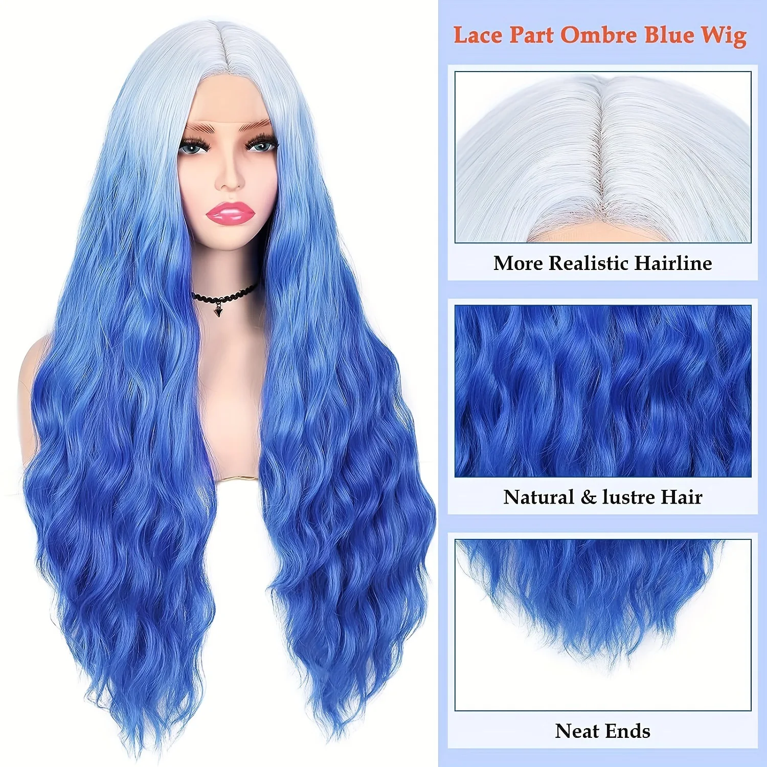 Ombre Blue Long Wavy Blue Wigs For Women 28 Inch Natural Wave Curly Lace Part Wigs Synthetic Wig For Daily Or Halloween Party