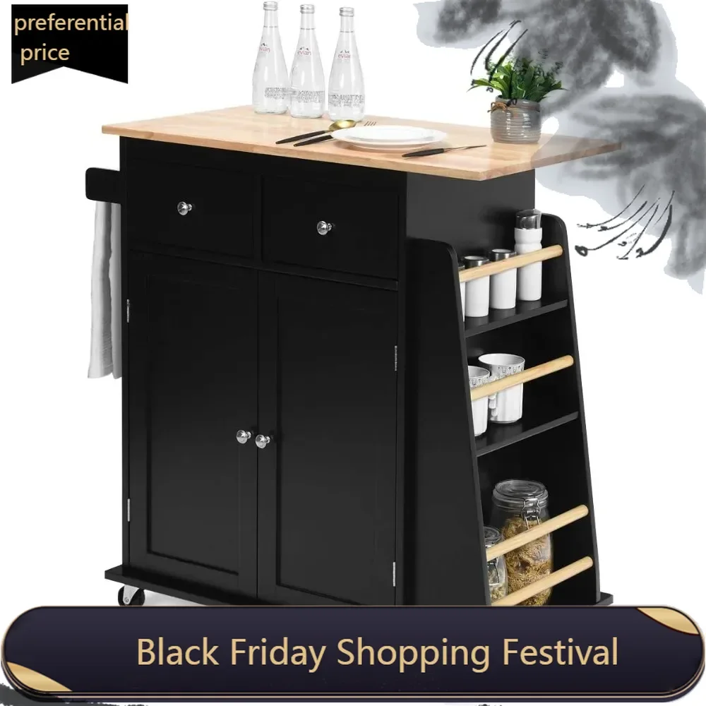 

Kitchen Island Cart, Rolling Wood Trolley with Storage Cabinet, Towel Handle, 2 Drawers, Side Spice Rack and Wine Bottle