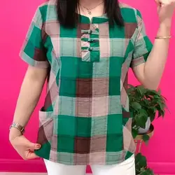 Fashion Round Neck Plaid Straight Blouse Women's Clothing Pockets Spliced Vintage Chinese Disc Buckle Summer Round Neck Shirt