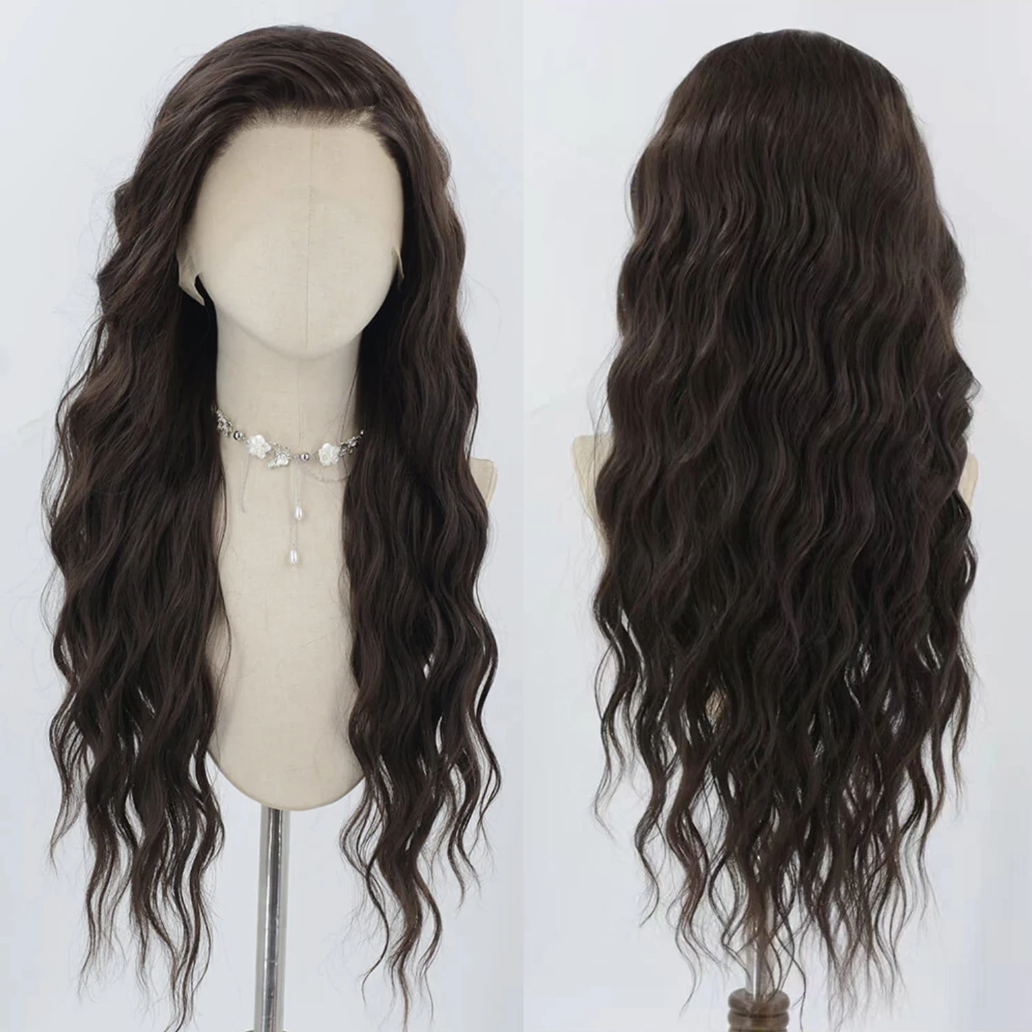 

AIMEYA Dark Brown Long Deep Wave Wig 13x4 Lace Front Wig for Women Free Part Heat Resistant Synthetic Hair Daily Wear Cosplay