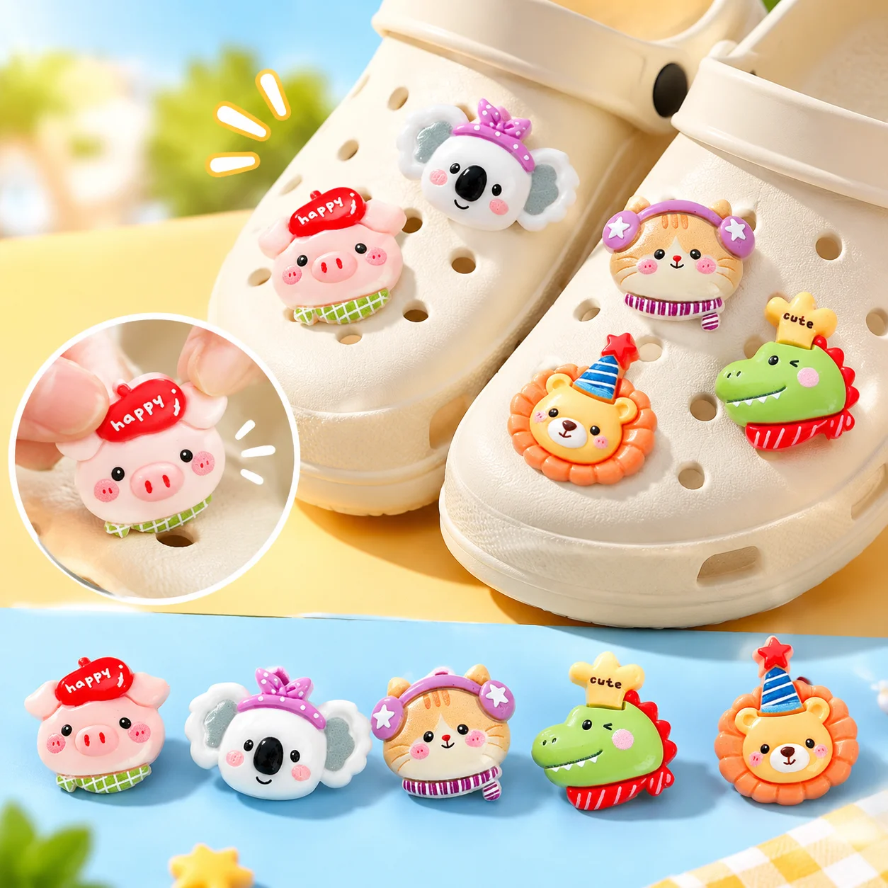 16pcs Mixed Cute Dress-Up Animal Resin Shoe Charms - Kawaii Clog Decor for Sandals & Beach Bags