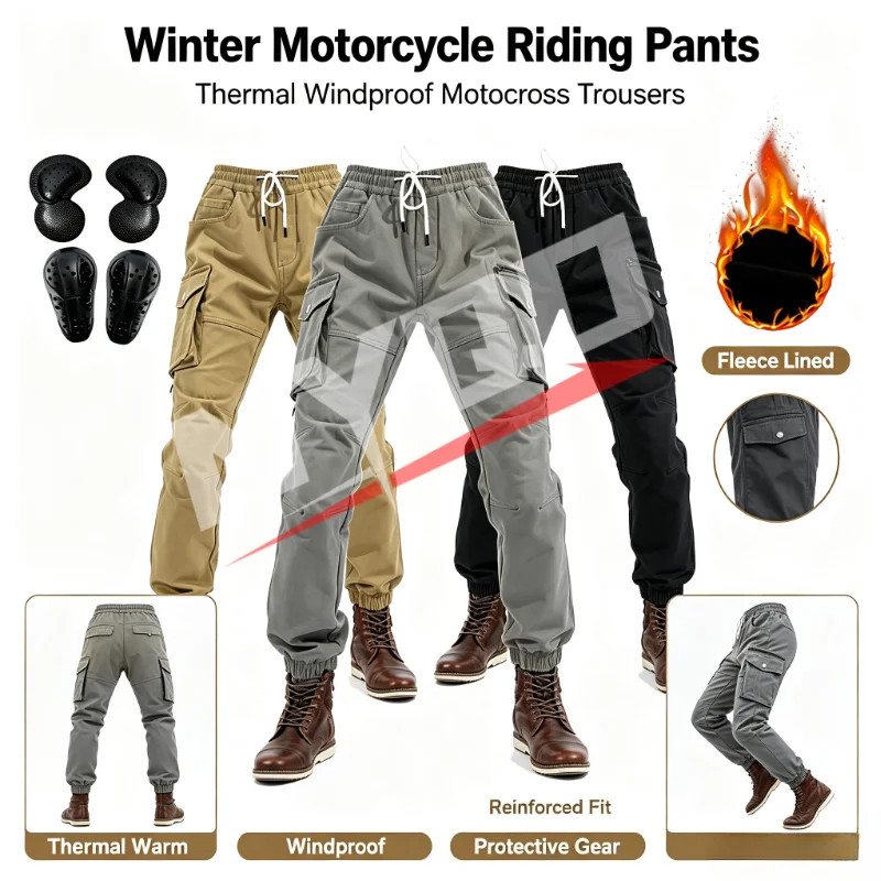 Motorcycle Riding Pants Winter Warm Fleece Motorcycle Pants for Men Windproof Anti Fall Riding Pants Slim Fit Leg Binding