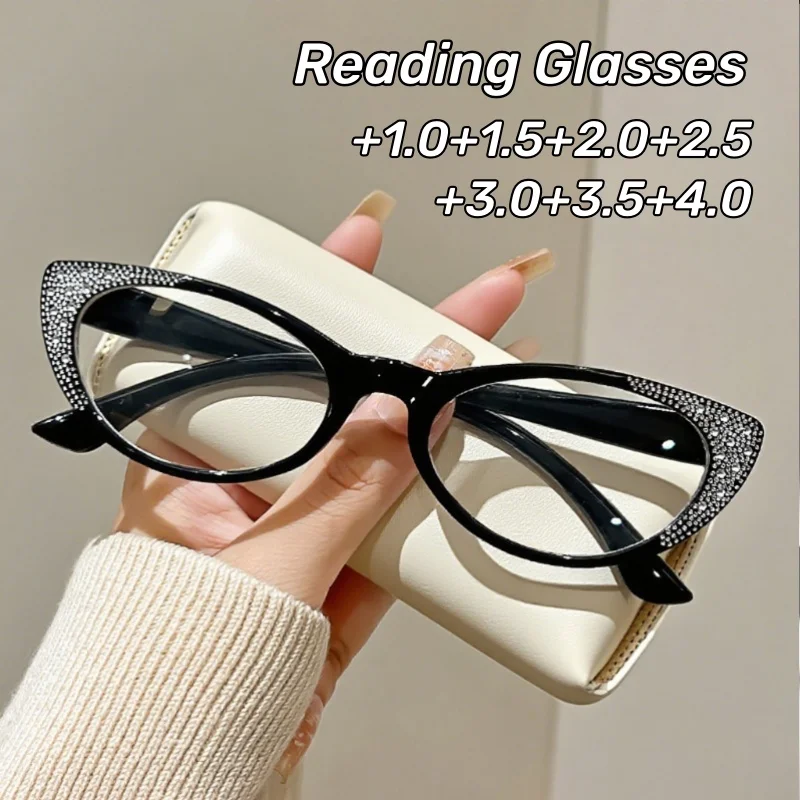 

Women's Luxury Diamond Reading Glasses Retro Cat's Eye HD Anti-blue Light Presbyopia Glasses Diopter To +4.0 Men's Eyepieces