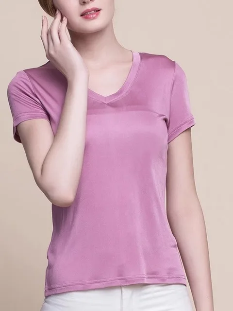 

Slim Fit V-Ne Base irt Pure Color Women's Top Casual Sle Summer T-irt Regular Sve Silk Fabric Daily Wear