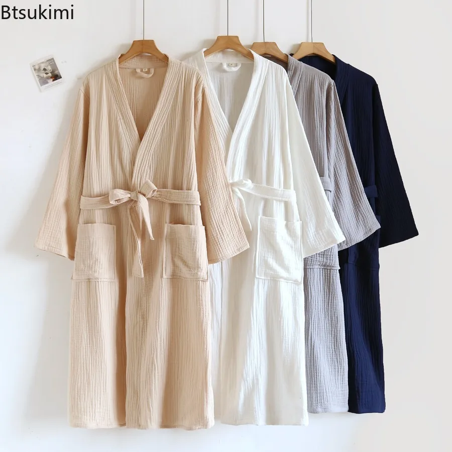 Pure Cotton Four Seasons Three-layer Gauze Bathrobe Men's V Neck Minimalist Loungewear Breathable Solid Color Home Robe bathrobe