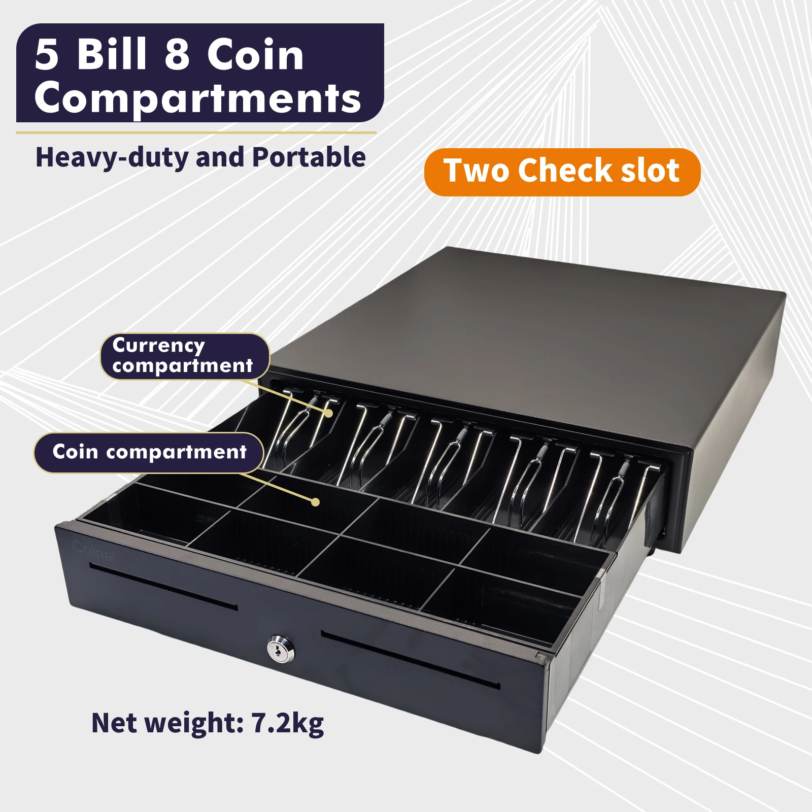 

Кассовый ящик Coinal, черный, 16 дюймов, 5 отделений для хранения бумажных денег, 8 отделений для монет, 41,5x41x10 см, 7,2 кг, большой