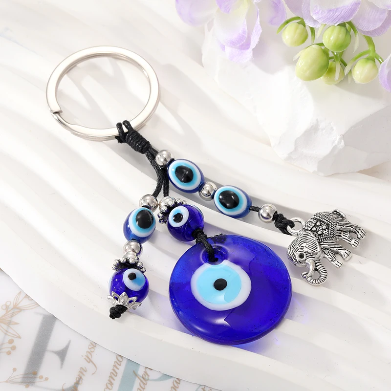 Round Blue Evil Eye Elephant Keychain Keyring For Men Women Trendy Vintage Glass Turkish Lucky Eye Tassel Bag Car Key Jewelry