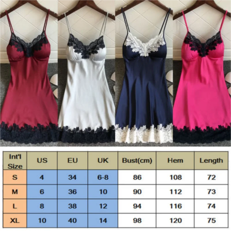 4Colors Women Sexy Comfortable Silk Satin Sling Dress Lace Sleepwear Babydoll Lingerie Nightdress Set New Nightgowns