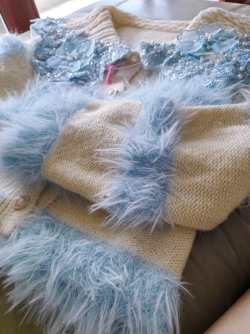 Luxe stijl dikke warme namaakbont gebreide wintertrui voor dames bloem kralen gebreide vest jas uitloper trui jas