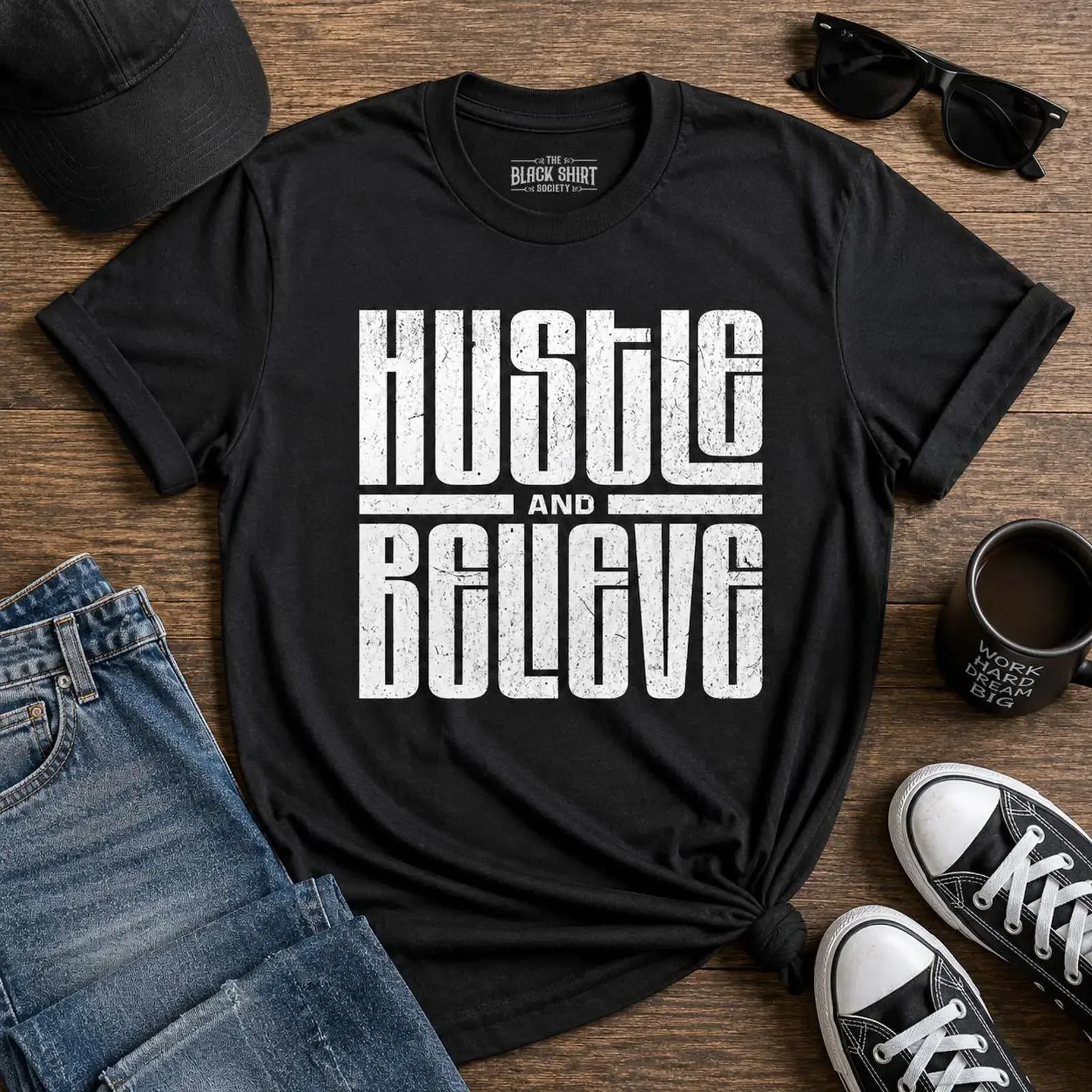 Hustle and Believe Motivational T Shirt Distressed Typography Success MindseT vintage Washed Soft streetwear Comfortable