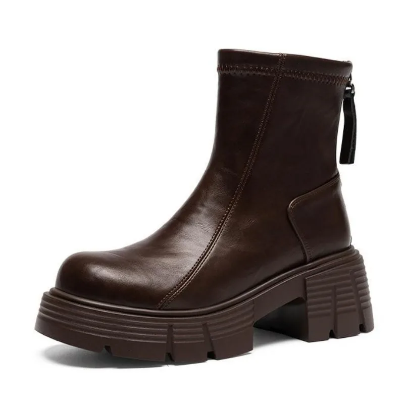 

7 см модные женские ботильоны на высоком каблуке с круглой головкой, толстый каблук с молнией сзади, модные ботинки в британском стиле, женская обувь на платформе