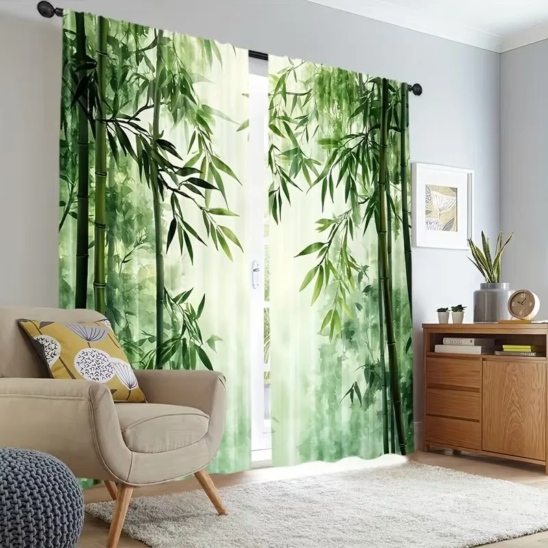 Bamboo Patterned Curtain Set (2 Pieces) 100% Polyester Machine Washable Light Filtering Office Suitable Rod Pocket Design