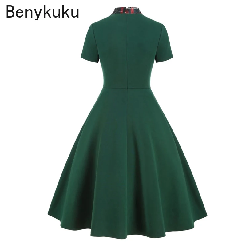 Red Plaid 50s Vintage Pin Up Midi Dress Bow Tie Neck Casual Robe Femme Women Short Sleeve Summer A Line Elegant Dresses Vestidos