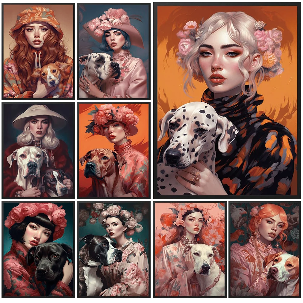 

Illustration Girl Dog Cat Faithful Friends Poster Wall Art Canvas Painting Home Decor Wall Pictures For Living Room Unframed