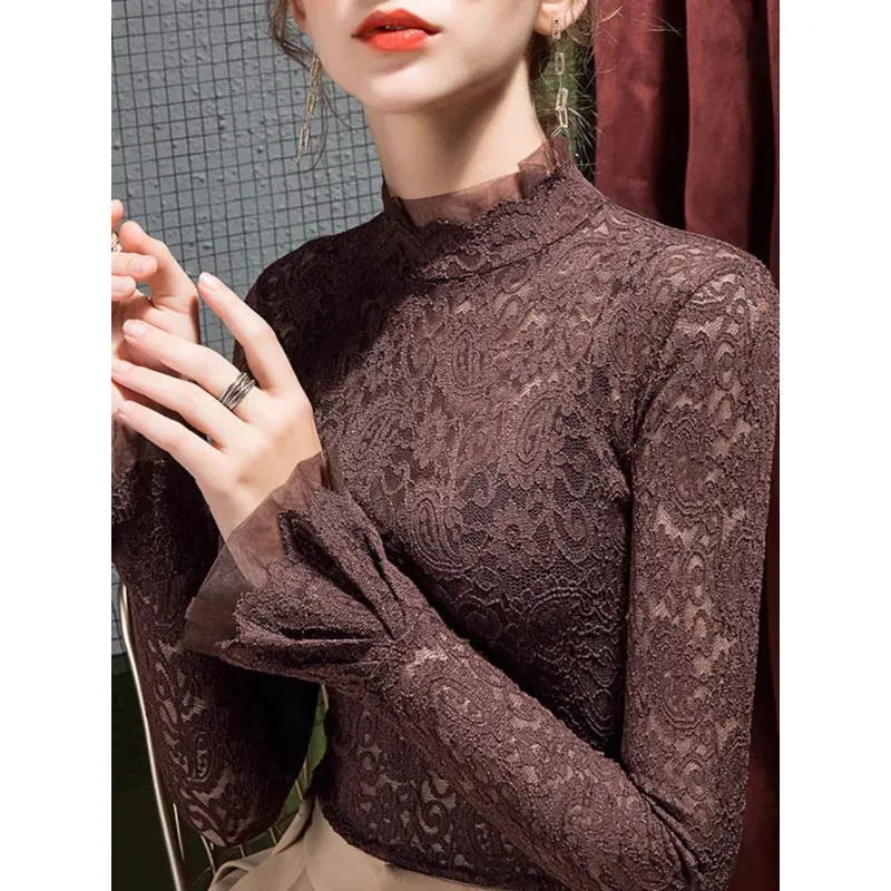Colwao High Collar Lace Shirt Thickened Warm T-Shirt French Bubble Sleeve Stand Up Collar Long Sleeved Top