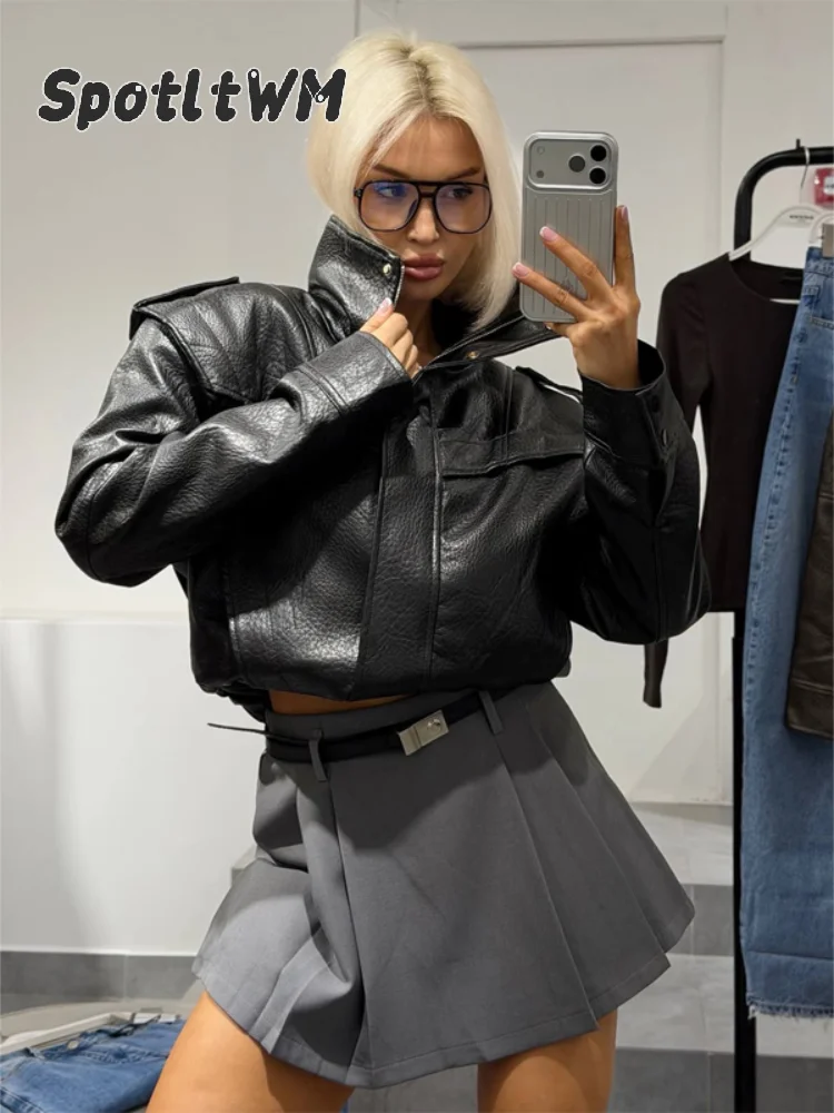Women Black Brown Faux Leather Cropped Jacket Long Sleeve Stand Collar Oversized Zip Up Outerwear Street Fashion Casual Coat